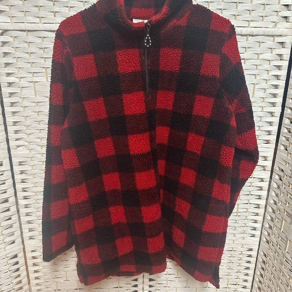 Quacker Factory Jacket Women Medium Red Black Fleece 1/4 Zip Pullover Pockets‎